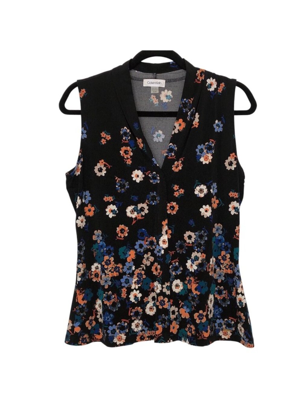 Calvin Klein Black Orange Blue Floral V-neck Sleeveless Top S
